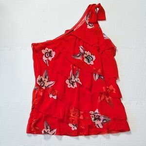 White House Black Market Blouse Small Red Floral One Shoulder